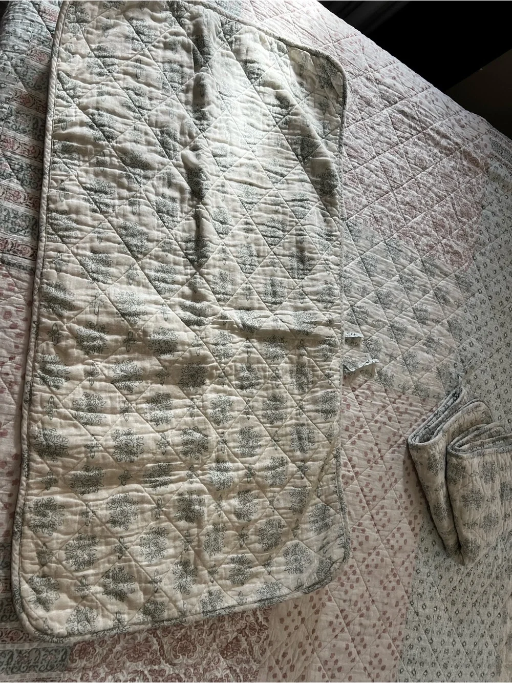 Shabby Chic Quilted Floral Bedspread in Sage and Blush